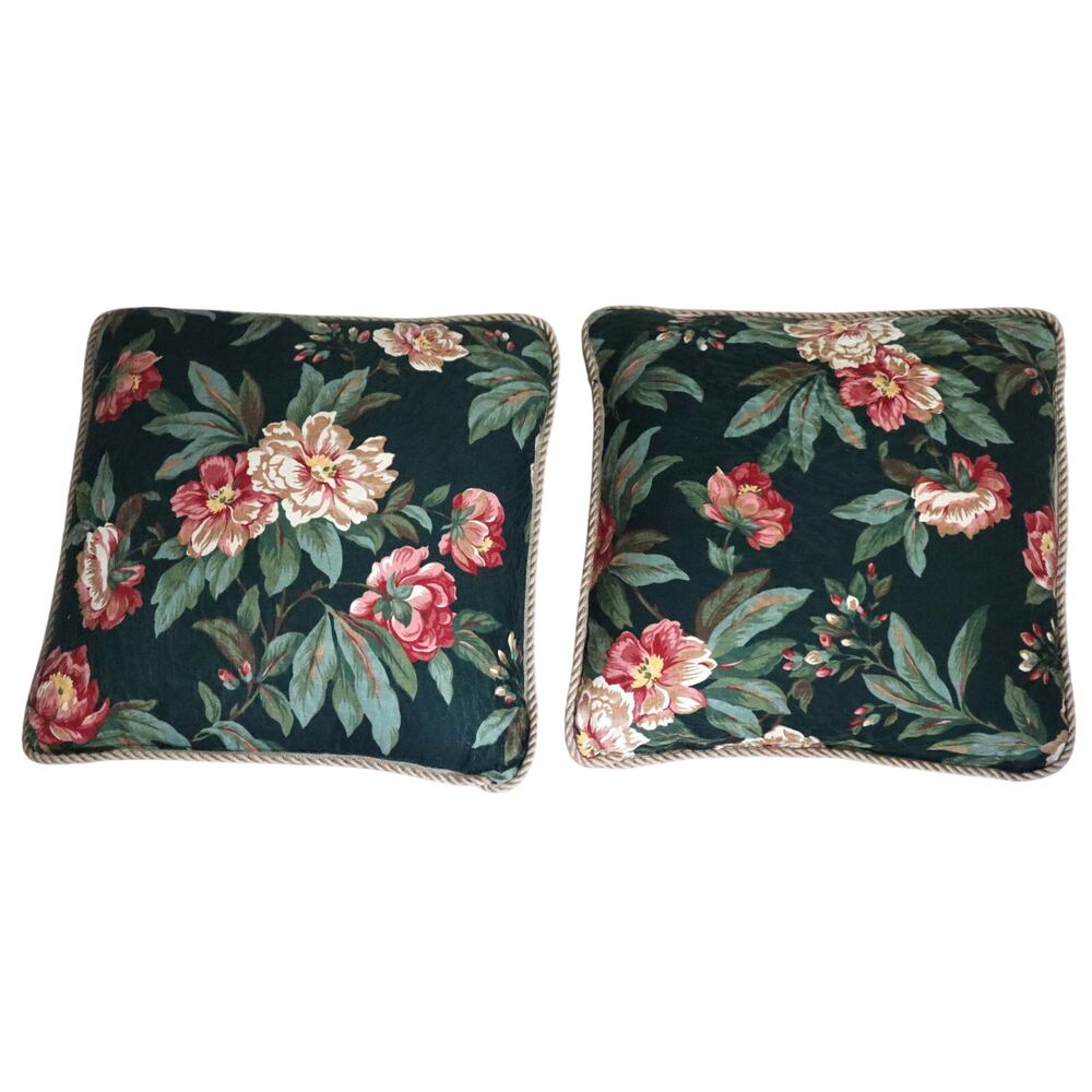 SET of 2 Vintage Green Pink Floral Pillows LARGE Cord edge Square Cottagecore